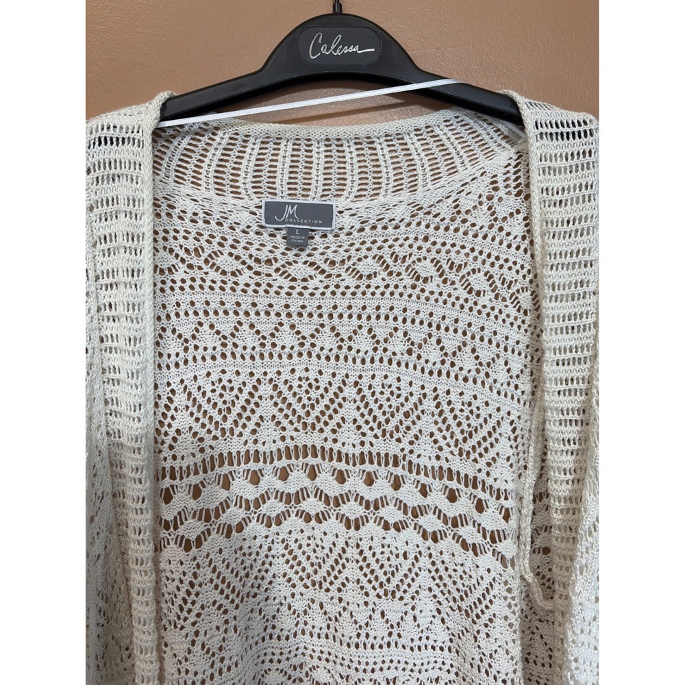 JM Collection Women Ivory Pointelle Crochet Open Front Cardigan Sweater Large - Picture 3 of 5